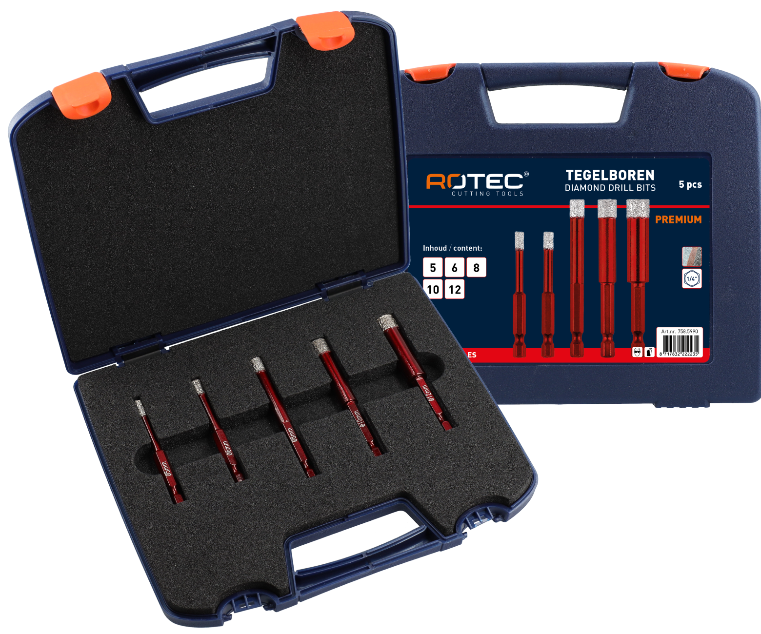 5 pc Tile drill bit set type '758', with wax, in plastic case