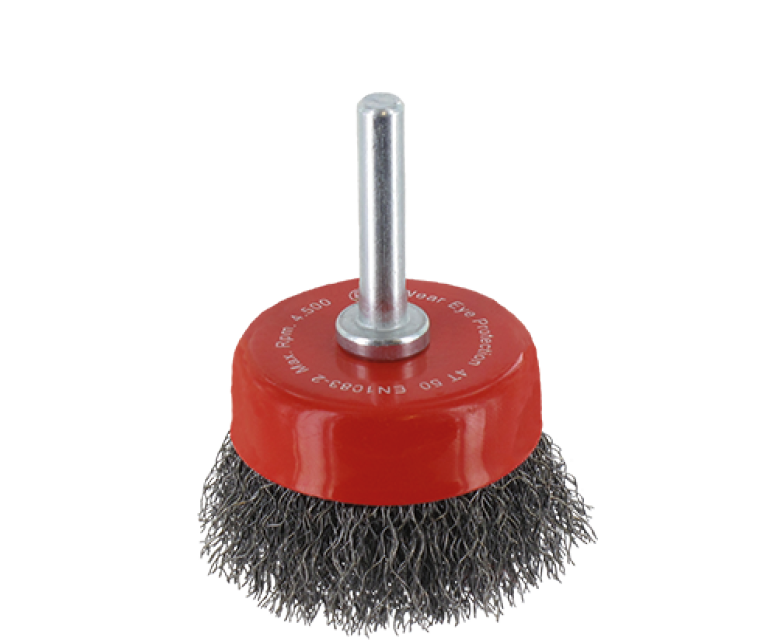 Straight cup brush w. shank 6mm - Crimped wire, steel