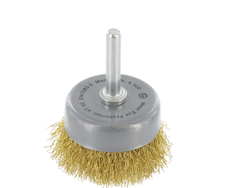 Cup brush w. shank 6mm - Crimped wire, brass